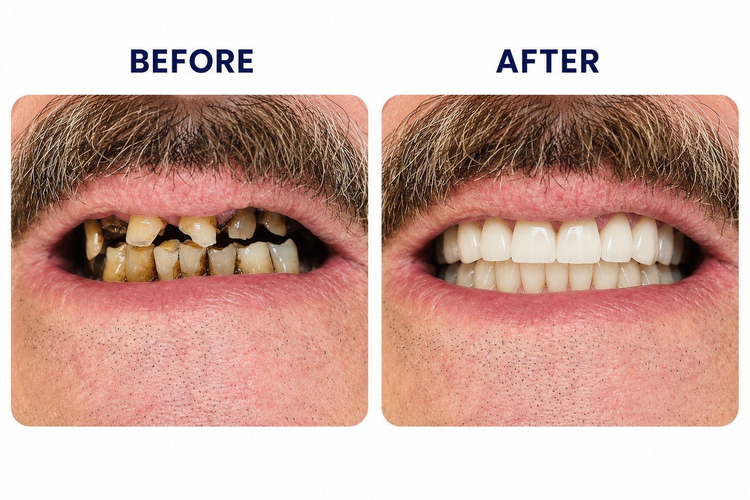 Before and after dental treatment showing healthier brighter smile